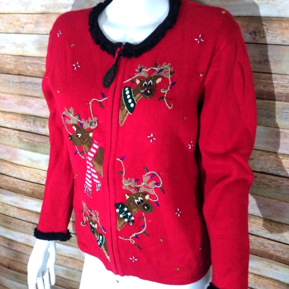 Tiara Sweaters | Vintage Christmas Sweater Cardigan Zip-Up Reindeer Ugly Tiara Cotton Size M Red | Color: Red | Size: M | Pm-36247909's Closet